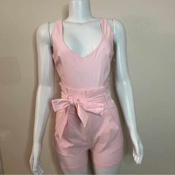 Pants - Baby pink women's belted sleeveless  romper